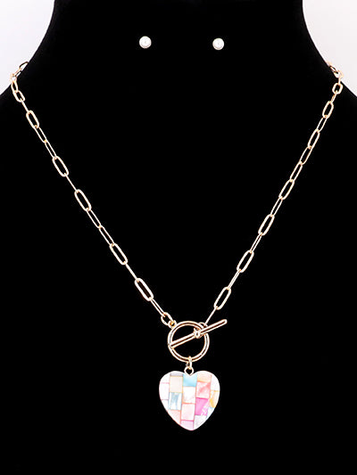 Shell Heart - Iridescent Multi Colored - Gold Tone - Toggle Necklace And Earrings Set