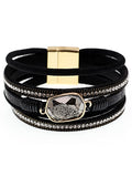 Druzy Hematite - Black Leather - Gold Tone - Magnetic Bracelet