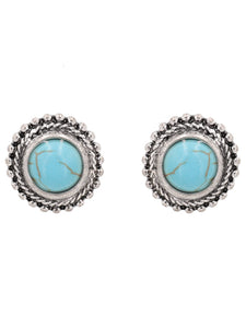 Round - Blue Turquoise - Silver Tone - Post Back Stud Earrings