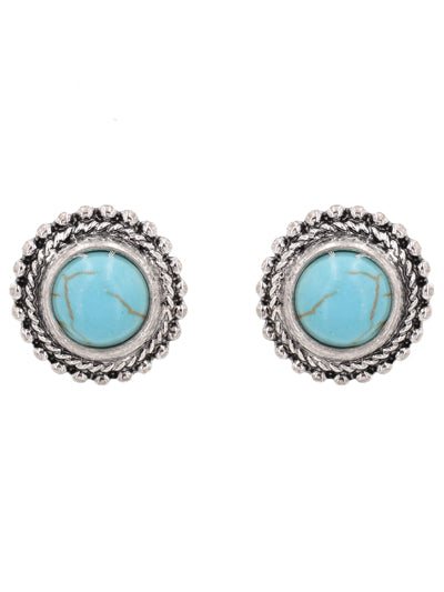 Round - Blue Turquoise - Silver Tone - Post Back Stud Earrings