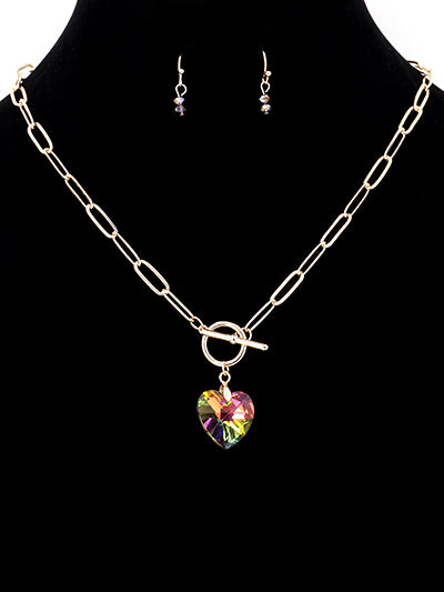 Crystal Heart - Iridescent Oil Spill Glass Crystal - Gold Tone - Toggle Necklace And Earrings Set