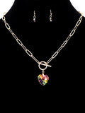 Crystal Heart - Iridescent Oil Spill Glass Crystal - Gold Tone - Toggle Necklace And Earrings Set