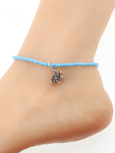 Turtle Charm - Blue - Seed Bead - Stretchy Anklet