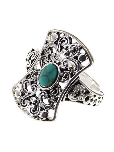 Filigree Turquoise - Silver Tone - Stretch Ring