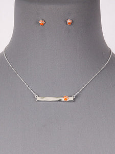 Paw Print - Bar Style - Orange - Silver Tone - Necklace And Earrings Set