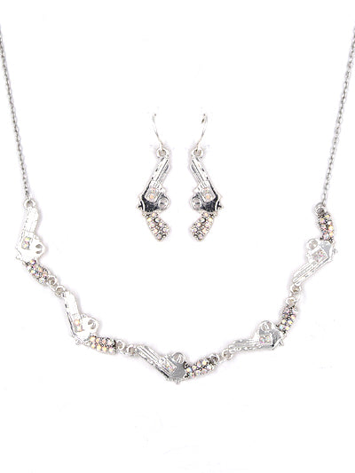 Pistol Gun - Iridescent AB Rhinestone - Silver - Necklace And Earrings Set