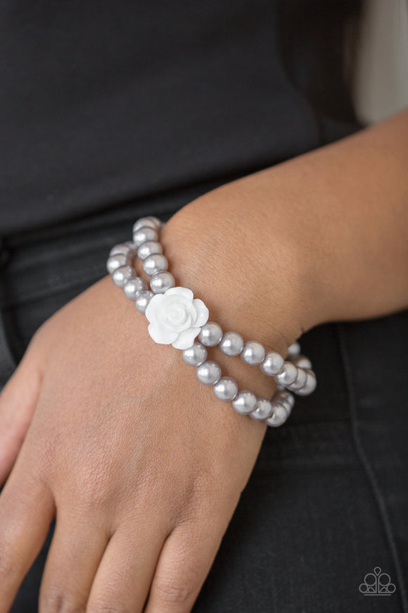 Posh and Posy - Silver - Pearl - Flower - Stretch Bracelet - Paparazzi Accessories